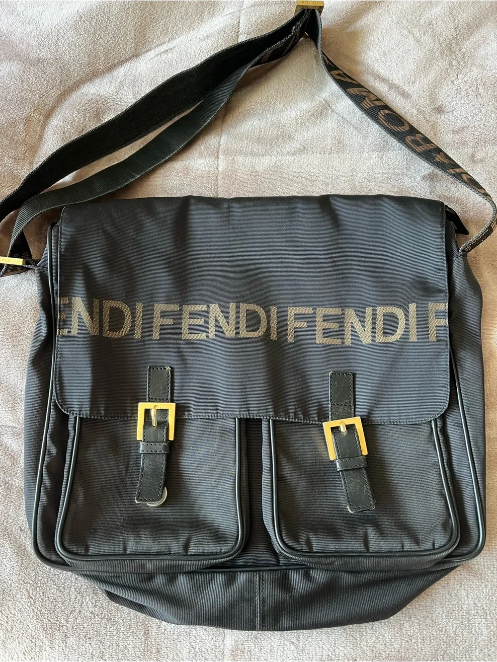 Fendi Black Canvas Messenger Bag with Logo Strap